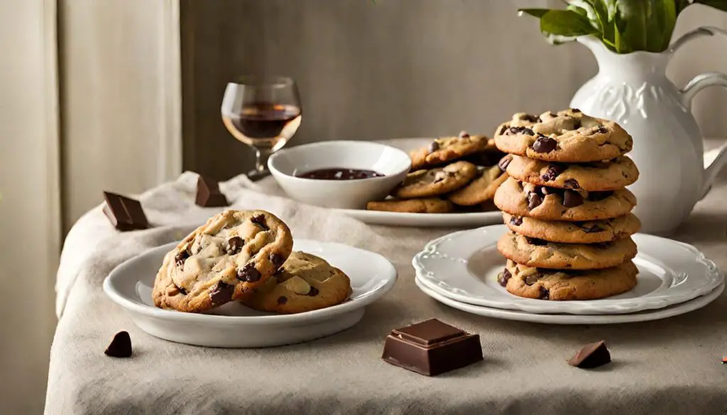 A delightful scene featuring the freshly baked Claire Saffitz's chocolate chip cookies being served and enjoyed. Present the cookies on a dessert plate or a cozy setting, conveying the irresistible homemade charm of these treats.