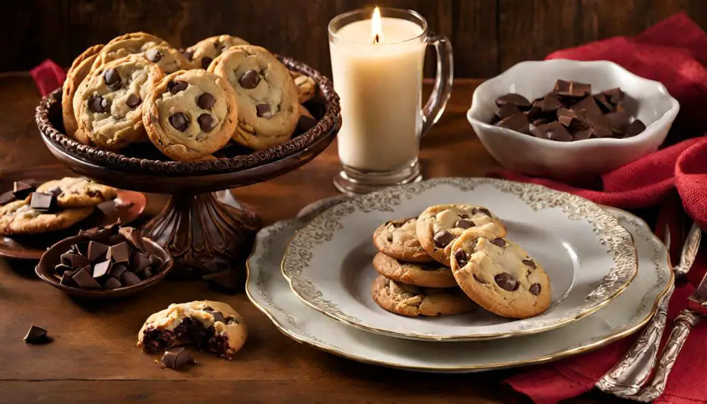 A delightful scene featuring the freshly baked Claire Saffitz's chocolate chip cookies being served and enjoyed. Present the cookies on a dessert plate or a cozy setting, conveying the irresistible homemade charm of these treats.