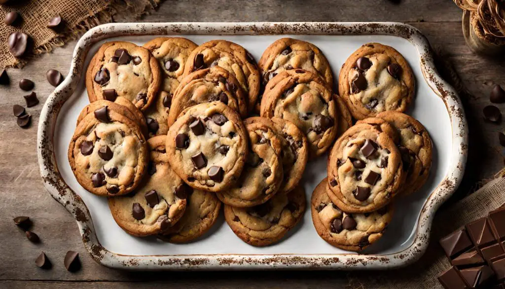 A delightful scene featuring the freshly baked Claire Saffitz's chocolate chip cookies being served and enjoyed. Present the cookies on a dessert plate or a cozy setting, conveying the irresistible homemade charm of these treats.