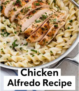 chicken alfredo recipes chicken fettuccine alfredo in a skillet with the words, my husband said it was better than any fettuccine alfredo we had eaten in a restaurant