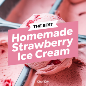 the best homemade strawberry ice cream in a blue bowl with a scoop full of it